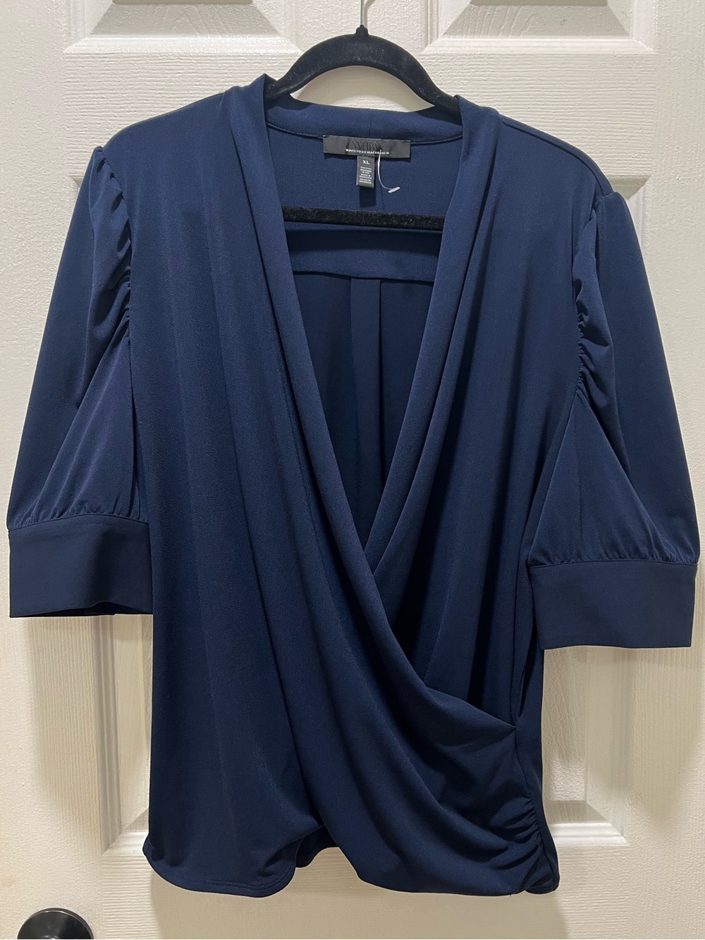 NWOT | WHBM Navy Draped Faux Wrap Blouse Top| Size XL